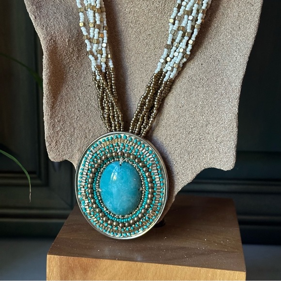 Chico's Gold-Tone Faux Turquoise Pendant Bead Necklace - Picture 4 of 10